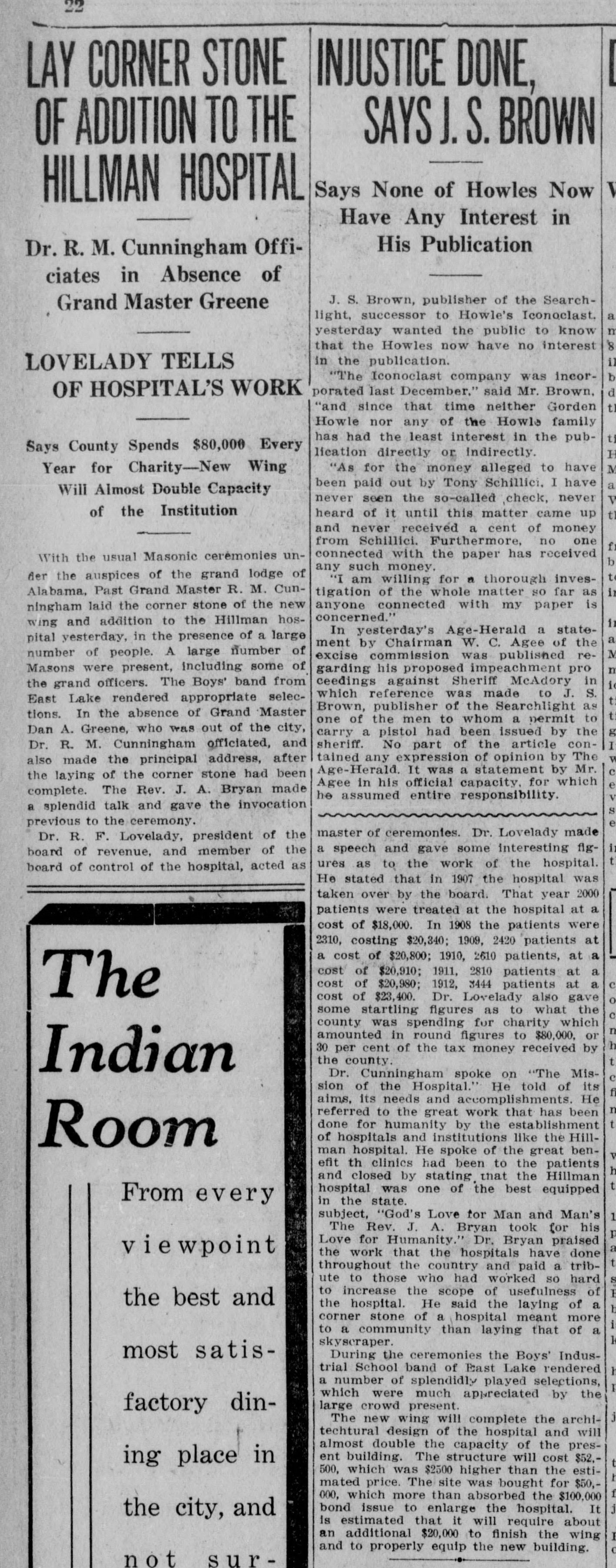 Lay Corner Stone of Addition to the Hillman Hospital